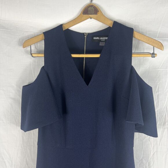 Karl Lagerfeld Navy Blue Wide Leg Sleeveless Jumpsuit Sz 0 Cold Shoulder V Neck - Picture 2 of 10